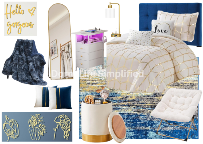 Gold & Navy Dorm Room Glam-Inspiration Board